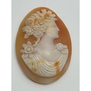 Victorian HAND CARVED Conch Shell ITALIAN WOMAN W/ Flowers LOOSE CAMEO 2"‎